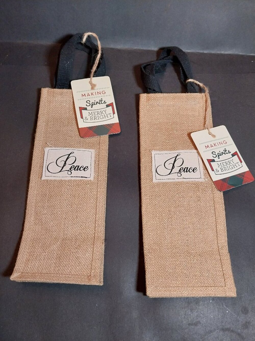 Jute "Peace" Wine Bags Set of 2 with Gift Tags
